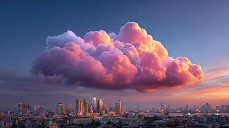 A breathtaking image showcasing a stunning pink cloud floating over a vibrant city skyline at sunset, highlighting the beauty of urban life and nature's artwork.の素材