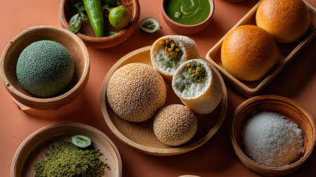 A stunning arrangement of traditional ingredients showcases vibrant colors and textures, featuring fresh herbs, spices, and soft bread rolls on a warm surface.の素材