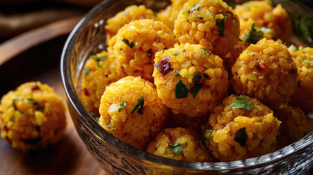 A close-up view of golden savory lentil balls placed in a clear glass bowl, garnished with fresh herbs, showcasing a delicious vegetarian snack option.の素材