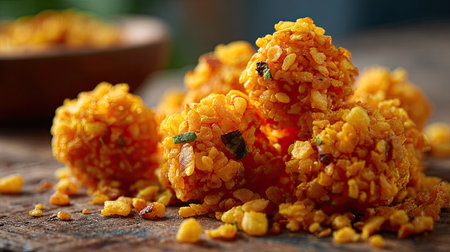Enjoy a close-up view of crispy golden snack balls made from lentils and spices. Perfect for appetizers or parties, these vibrant treats offer a crunchy texture and flavorful experience.の素材