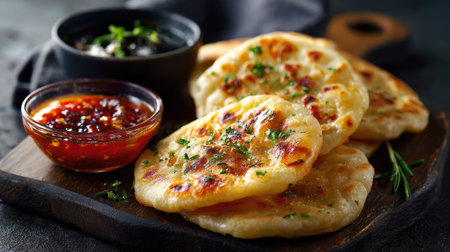 A tempting display of freshly grilled flatbreads served alongside a rich spicy sauce and olive tapenade, perfect for sharing among food lovers.の素材