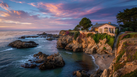 A breathtaking coastal scene showcasing a charming house perched on rugged cliffs during a mesmerizing sunset. The colorful sky reflects on the tranquil ocean waves, creating a picturesque atmosphere. Perfect for travel and nature enthusiasts.の素材
