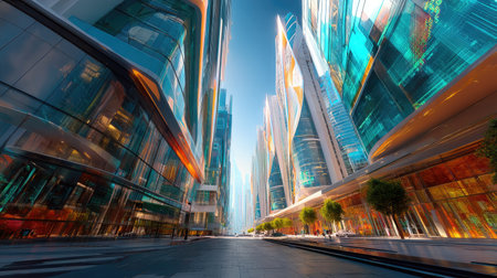 Explore a vibrant urban landscape showcasing modern architecture with stunning glass facades and futuristic design elements in broad daylight.の素材