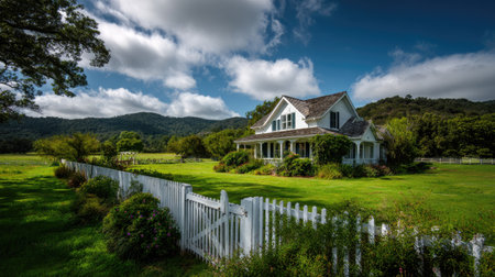 This stunning image captures a charming country house surrounded by vibrant greenery and scenic mountains under a dynamic sky, perfect for rural themes.の素材