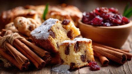 This image features a freshly baked cake with raisins, dusted with powdered sugar, and accompanied by a bowl of cherry compote and cinnamon sticks, perfect for dessert lovers.の素材