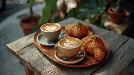 A charming outdoor scene featuring two cups of coffee with intricate latte art and fresh croissants on a wooden tray, surrounded by greenery.の素材
