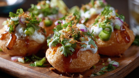An exquisite portrayal of golgappa, a popular Indian street snack, featuring crispy shells filled with spicy water, garnished with yogurt, herbs, and onions.の素材