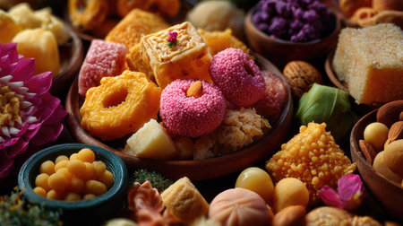 A vibrant collection of traditional Indian sweets displayed on decorative plates, showcasing a variety of textures and colors perfect for festive occasions.の素材