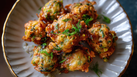 A tempting dish of crispy golden vegetable fritters garnished with fresh herbs. Perfect for appetizers or snacks, these fritters offer delicious flavors and textures.の素材