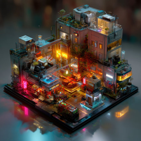 Discover a vibrant futuristic urban scene featuring stunning neon lights and rich greenery, showcasing a complex, cozy atmosphere in a modern city landscape.の素材