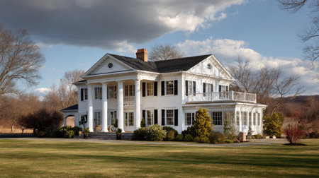 Captivating image of an elegant white mansion nestled in lush green surroundings. The dramatic clouds overhead enhance the scenic beauty of this stunning estate.の素材