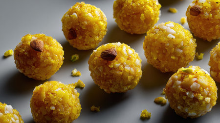 A stunning arrangement of colorful sweet Indian treats, featuring round balls made of ingredients like sugar and nuts, beautifully presented on a gray surface.の素材