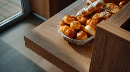 A visually appealing display of freshly baked pastries arranged in a wooden basket on a bakery shelf, illuminated by warm natural light, perfect for food lovers.の素材