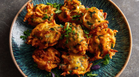 A vibrant plate of crispy vegetable fritters garnished with fresh herbs, showcasing delightful colors and textures, ideal for appetizers or snacks.の素材