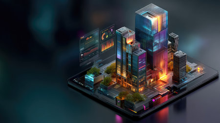 A striking digital illustration of a futuristic cityscape displayed on a tablet screen, showcasing vibrant architecture and advanced technology elements.の素材