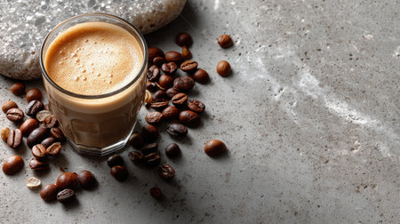 A freshly brewed glass of creamy coffee rests on a rustic gray background, surrounded by roasted coffee beans, creating an inviting scene for coffee lovers.の素材