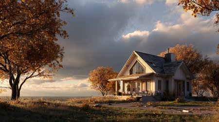A charming house set in a picturesque autumn landscape, with golden trees and a dramatic cloudy sky providing an inviting atmosphere at sunset.の素材