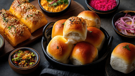 A vibrant and appetizing Indian street food platter featuring soft bread rolls served with spicy chutney, fresh onions, and colorful side dishes.の素材