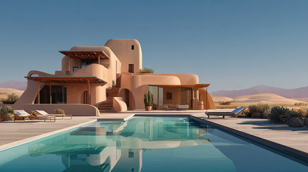 This modern desert dwelling features unique architecture with a stunning pool, surrounded by serene landscapes, ideal for relaxation and luxury living.の素材