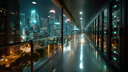 A stunning view of a modern data center corridor showcasing illuminated servers on one side, with a vibrant city skyline in the background at night.の素材