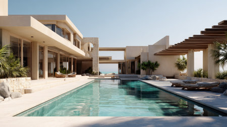 A stunning modern villa featuring a spacious infinity pool, surrounded by lush greenery and offering breathtaking ocean views under a clear sky.の素材