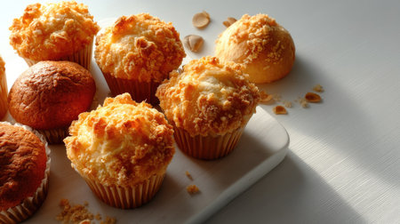 A delightful arrangement of freshly baked muffins showcasing a golden crust and crumb topping, perfect for enhancing any food-themed project or publication.の素材