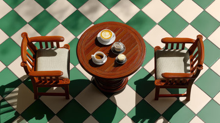 Enjoy a cozy outdoor coffee scene featuring wooden chairs and a round table adorned with coffee cups and pastries, set on vibrant green and white tiles.の素材