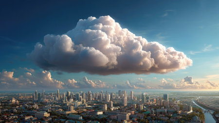 A stunning view of a bustling city with a single prominent cloud soaring above it during a vibrant sunset. The scene captures the essence of urban life.の素材