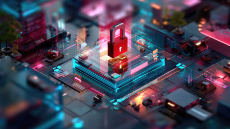 This image illustrates a vibrant digital security concept featuring a lock symbol on a futuristic circuit board. It captures the essence of technology and data protection in a visually striking manner.の素材