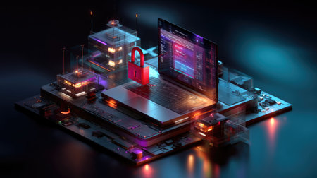 This image showcases a futuristic scene with a laptop surrounded by cyber elements, emphasizing data protection and cybersecurity concepts in a digital landscape.の素材