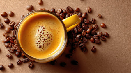 A vibrant yellow mug filled with frothy, aromatic coffee stands out against a backdrop of roasted coffee beans. The warm tones evoke a sense of comfort and energy.の素材