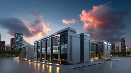 Scenic view of a modern data center featuring advanced server racks as the sun sets behind a vibrant city skyline, showcasing technology and innovation.の素材