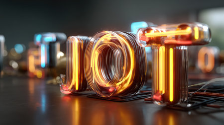 Bright neon lights spell out IoT, embodying modern technology and connectivity in a visually captivating digital environment. Ideal for tech-themed projects.の素材