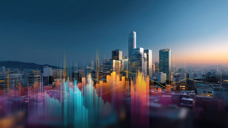 An artistic portrayal of a city skyline at dusk, featuring a colorful data visualization overlay that symbolizes growth, progress, and modern innovation.の素材