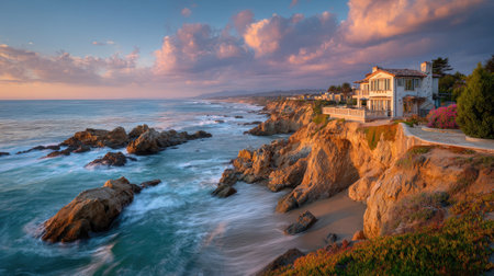 A breathtaking coastal scene featuring gentle waves lapping against rocky cliffs under a stunning sunset sky. An elegant house complements the picturesque landscape, creating a serene and inviting atmosphere perfect for vacation or relaxation.の素材