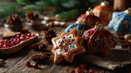 Delight in a vibrant array of handcrafted cookies shaped like stars and ornaments, set among pine cones and aromatic spices on a rustic wooden table.の素材