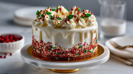 A beautifully crafted festive Christmas cake adorned with creamy peaks and vibrant red and green sprinkles, perfect for holiday gatherings and celebrations.の素材