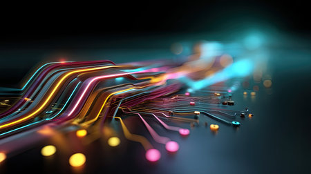 This image showcases an abstract flow of colorful light curves and circuit lines against a dark background, symbolizing technology and innovation.の素材