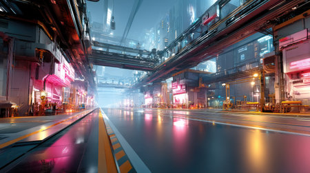 This stunning futuristic urban landscape showcases a high-tech environment filled with neon lights and modern architecture, creating a vibrant and dynamic atmosphere at dusk.の素材