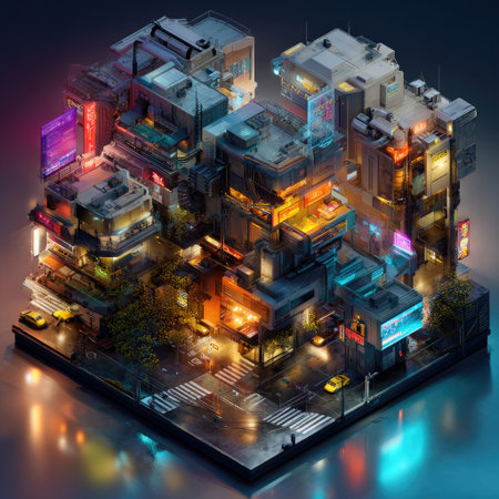 A captivating futuristic urban landscape featuring intricate architecture, vibrant neon lights, and a lively city atmosphere at nighttime.の素材