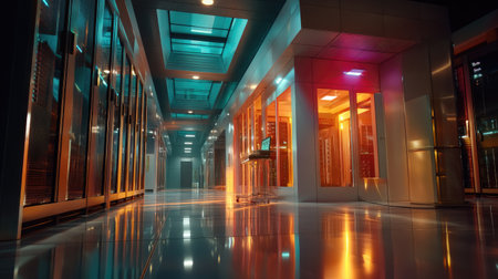 A captivating view of a modern data center showcasing sleek server racks and vibrant lighting. This high-tech environment emphasizes innovation and efficiency, featuring polished floors and organized equipment in a secure, contemporary design.の素材