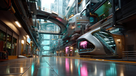This stunning futuristic urban landscape showcases sleek architecture and vibrant lighting, portraying a high-tech city bustling with innovation and exploration.の素材