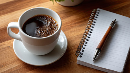 A cozy scene featuring a cup of freshly brewed coffee next to an empty notepad and a sleek pen on a wooden table, perfect for creative moments.の素材