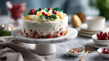 A beautifully decorated festive cake topped with creamy frosting and vibrant holiday decorations, perfect for seasonal celebrations and gatherings.の素材