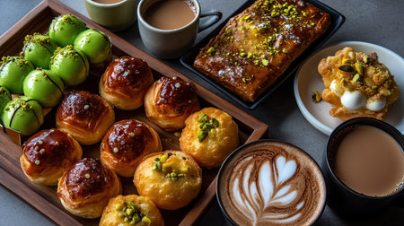 A delightful arrangement of assorted pastries and desserts paired with coffee and tea, showcasing vibrant colors and rich textures, ideal for indulgent occasions.の素材