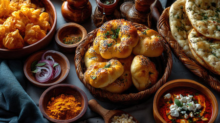 Explore a stunning assortment of traditional Indian snacks and breads laid out beautifully on a rustic table, showcasing vibrant colors and rich textures.の素材