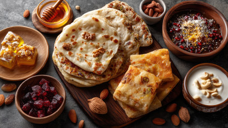 Experience a vibrant feast featuring assorted traditional Indian dishes, including flatbreads, sweets, and an array of nuts on a rustic wooden table.の素材