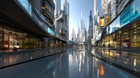 A stunning futuristic urban landscape showcases towering skyscrapers reflecting a brilliant blue sky, blending technology and nature in a vibrant city scene.の素材