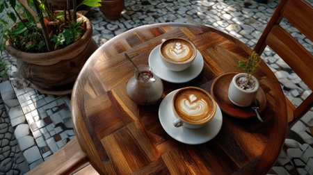 A tranquil outdoor setting features a beautifully crafted wooden table with two artisanal lattes, surrounded by lush greenery, perfect for coffee lovers.の素材
