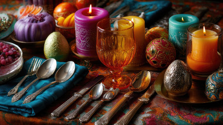 A stunning arrangement featuring elegant glassware, vibrant candles, and assorted sweets creates an inviting atmosphere perfect for celebrations and gatherings.の素材